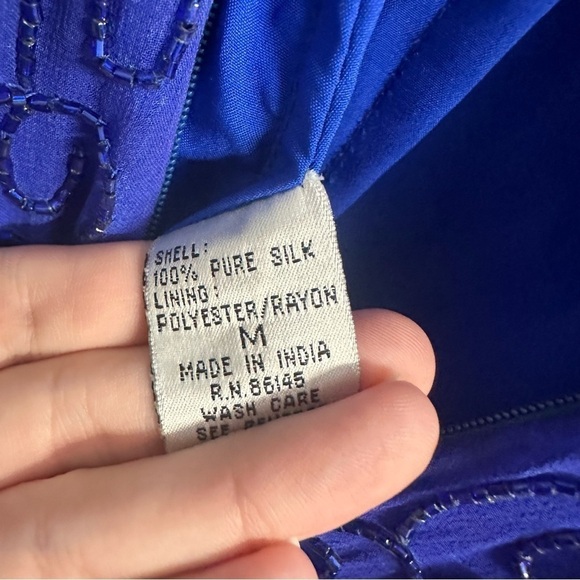 Vintage Prom Dress Formal Long Silk Beaded Open Back Blue Leg Slit Event Small - Picture 8 of 9